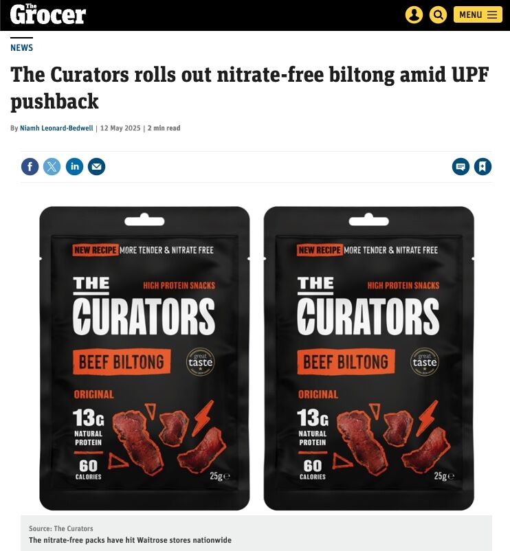 Promotional graphic featuring The Curators Beef Biltong packets with a prominent banner reading ‘New recipe – more tender & nitrate free.’ The image lists benefits such as no artificial preservatives, no compromise on taste and high protein content